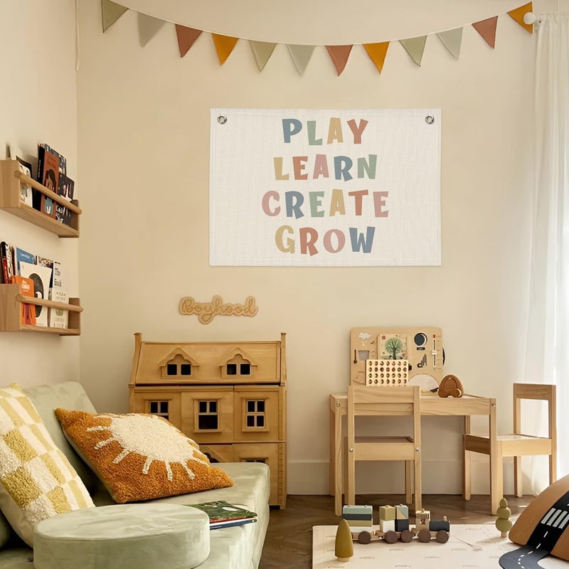 PLKMN Playroom Wall Decor, Play Learn Create Grow Boho Canvas Banner Wall Hanging Flag Decor for Nursery Classroom Kids Room - Image 4